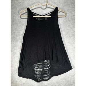 Lily White Women's Tank Black Fringe Back Size XS Grunge Rayon Hi Low Hem